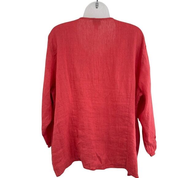 Eileen Fisher System Size 2X Collarless Button Shirt Coral Red Boxy Linen Cotton - Picture 9 of 11